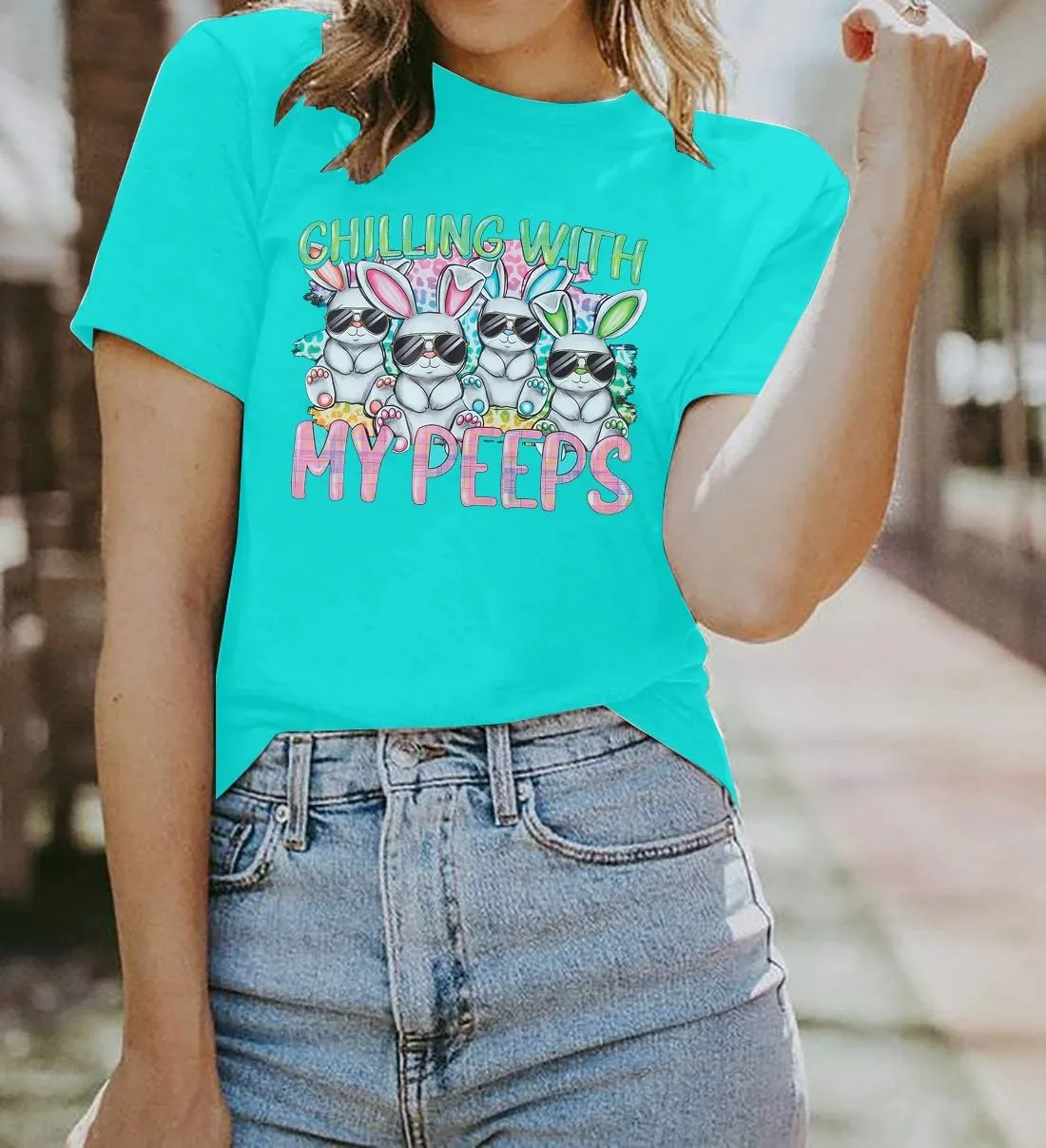 Happy Easter Shirt Women Bunny Shirts : Chillin with My Peeps Tshirt Cute Rabbit Graphic T-Shirt Easter Gift Tee Tops