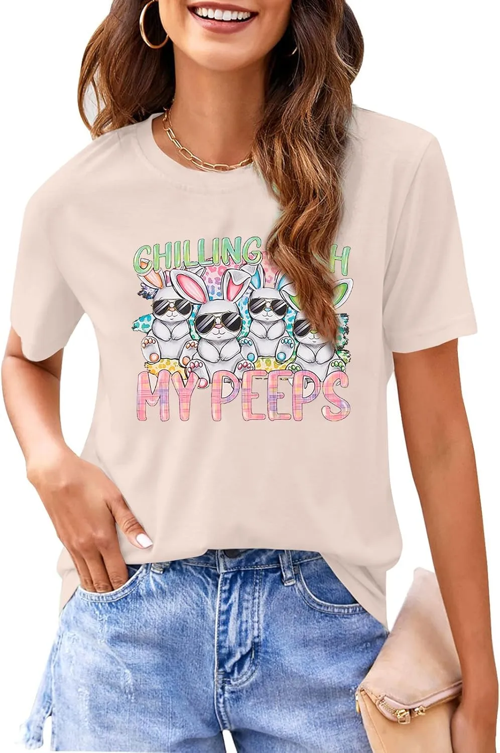 Happy Easter Shirt Women Bunny Shirts : Chillin with My Peeps Tshirt Cute Rabbit Graphic T-Shirt Easter Gift Tee Tops