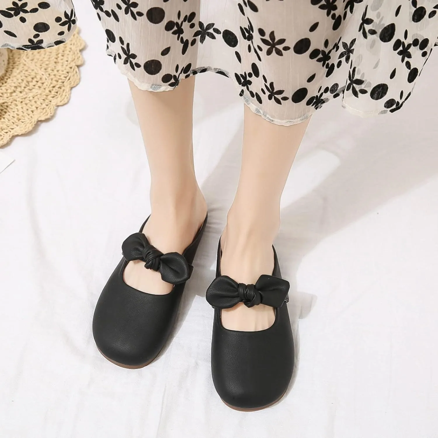 Hbeylia Women's Slip On Mules Loafers Fashion Bowknot Round Head Chunky Low Heels Shoes Comfortable Backless Casual Loafers Breathable Lightweight Non Slip Dress Ballet Flats Walking Shoes