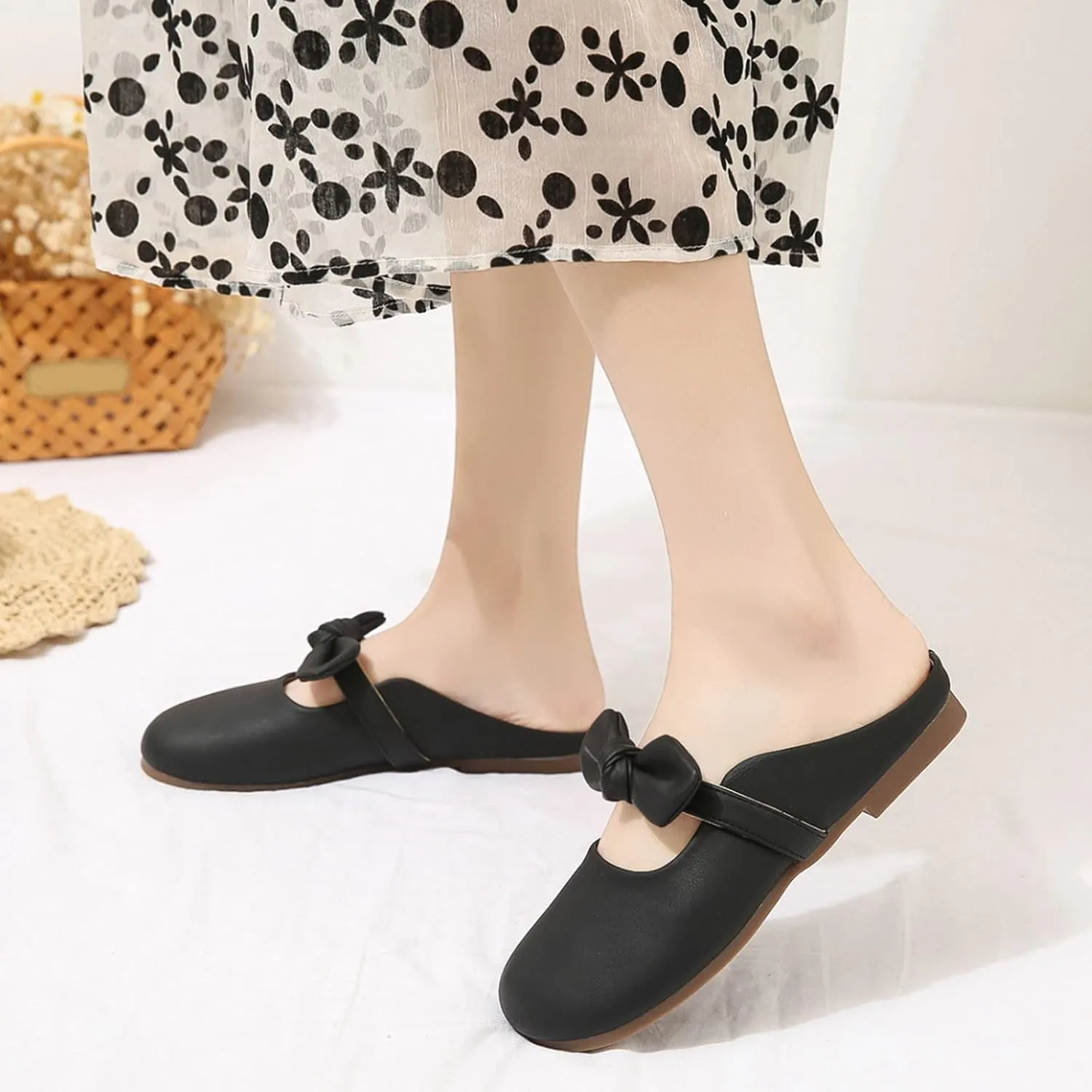 Hbeylia Women's Slip On Mules Loafers Fashion Bowknot Round Head Chunky Low Heels Shoes Comfortable Backless Casual Loafers Breathable Lightweight Non Slip Dress Ballet Flats Walking Shoes