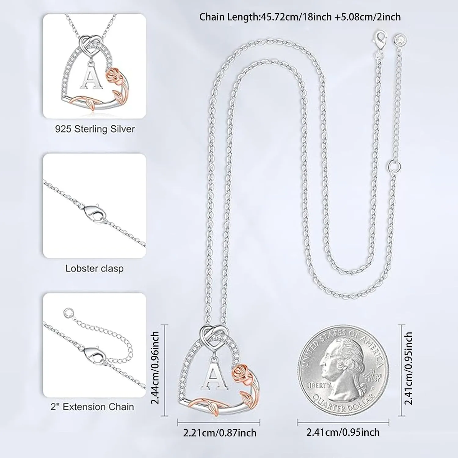 Heart Initial Necklaces for Women,Sterling Silver Rose Flower CZ Heart Letter Pendant Chain Mothers Day Jewelry Gifts for Mom