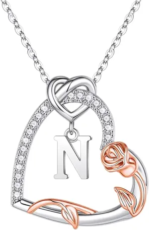 Heart Initial Necklaces for Women,Sterling Silver Rose Flower CZ Heart Letter Pendant Chain Mothers Day Jewelry Gifts for Mom