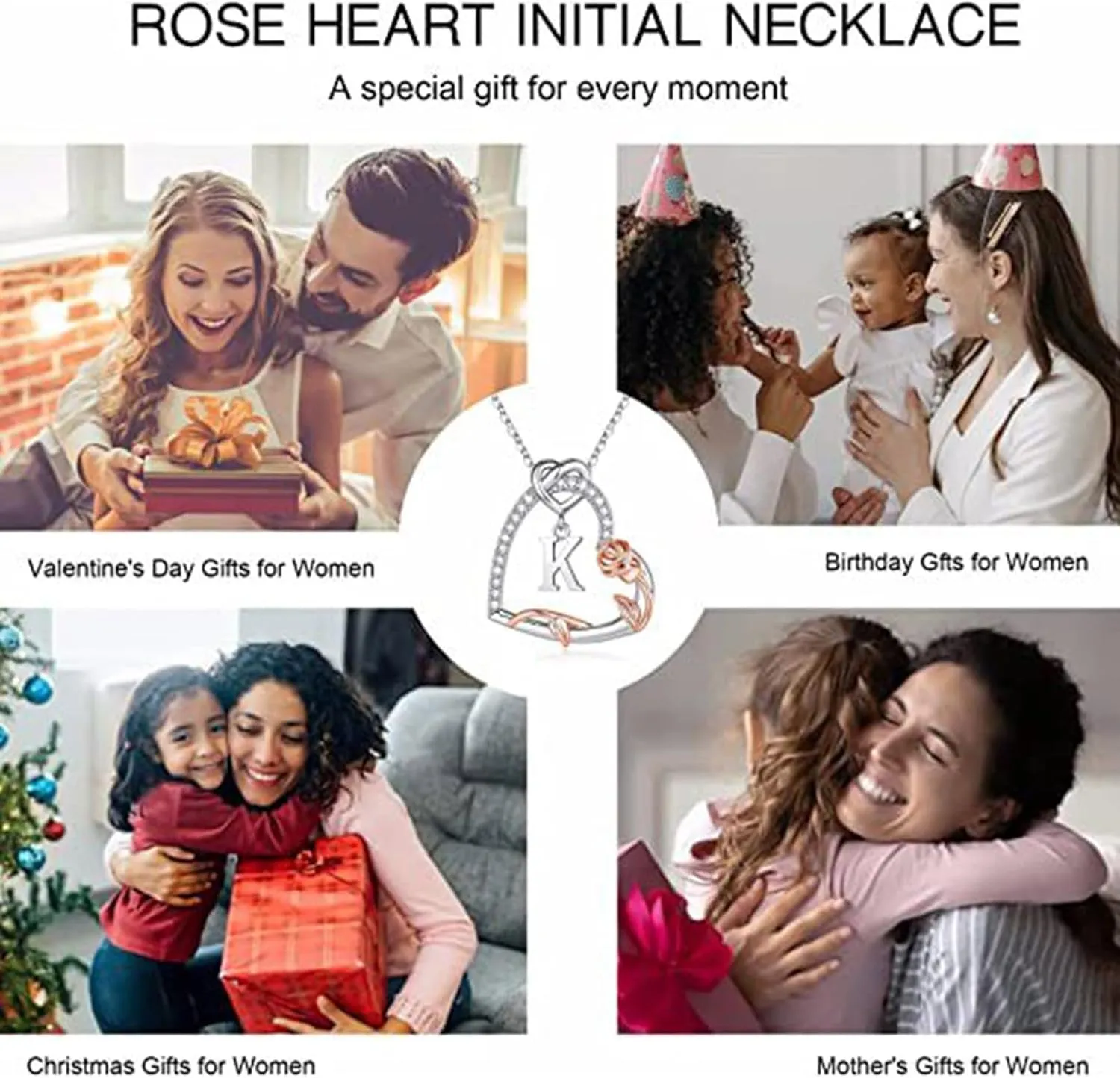 Heart Initial Necklaces for Women,Sterling Silver Rose Flower CZ Heart Letter Pendant Chain Mothers Day Jewelry Gifts for Mom