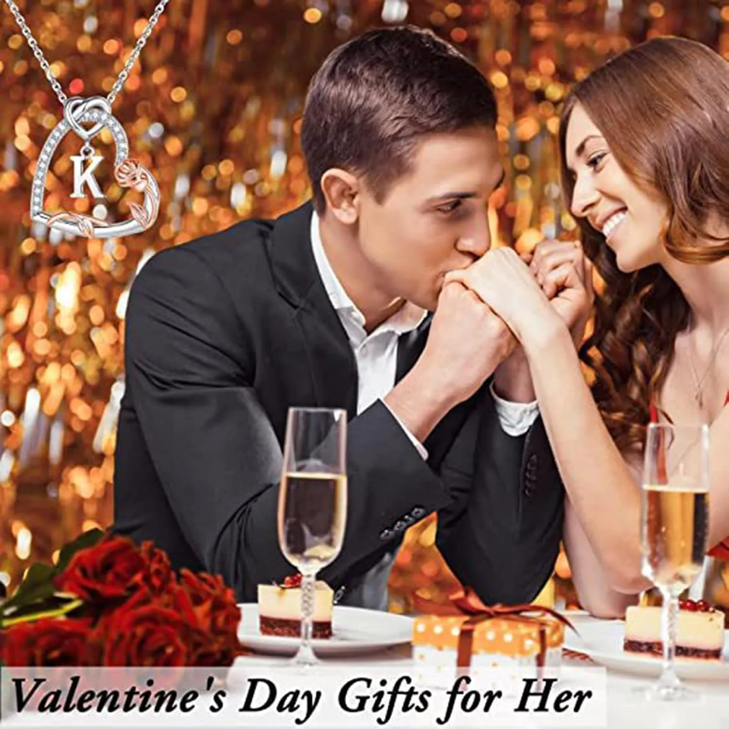 Heart Initial Necklaces for Women,Sterling Silver Rose Flower CZ Heart Letter Pendant Chain Mothers Day Jewelry Gifts for Mom