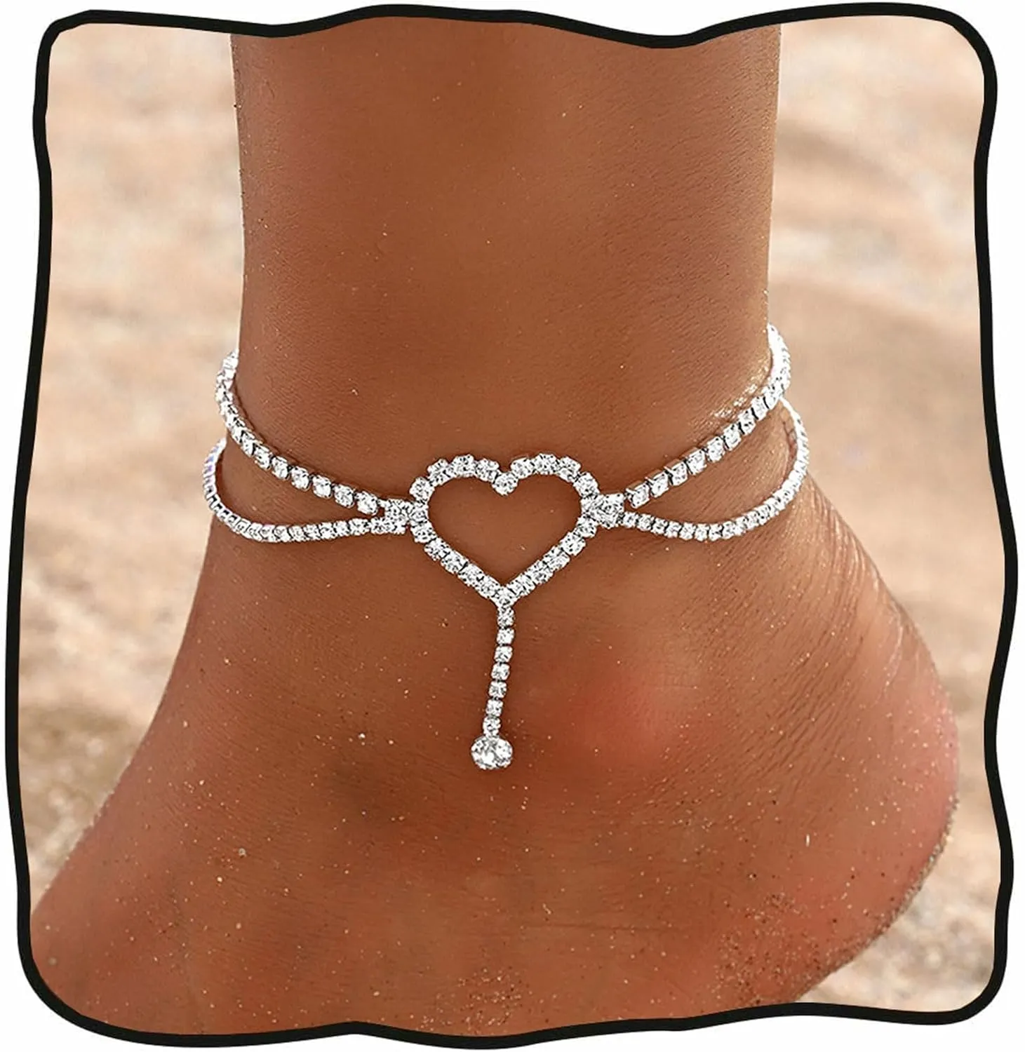Heart Rhinestone Anklets for Women Rhinestone Heart Pendant Ankle Bracelets Tennis Anklet for Women Adjustable Heart Jewelry
