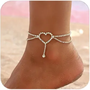 Heart Rhinestone Anklets for Women Rhinestone Heart Pendant Ankle Bracelets Tennis Anklet for Women Adjustable Heart Jewelry