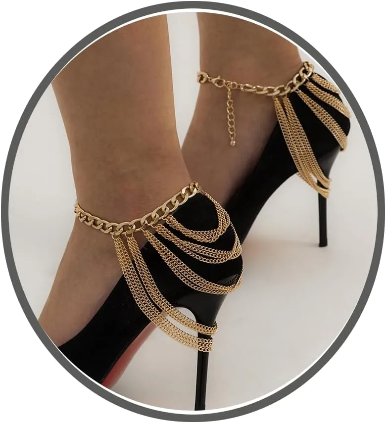 High Heels Anklet Boot Chains for Women Layered Tassel Ankle Chains Gold Punk Bar Nightclubs Party Foot Chains Shoes Chain for Girls Gift