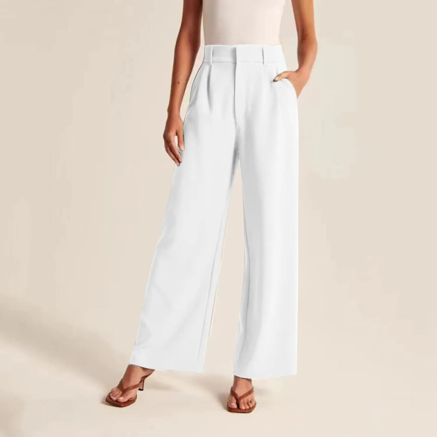 High Waist Wide Leg Pants for Women Fashion Dressy Business Palazzo Pant Casual Elastic Work Trousers with Pockets