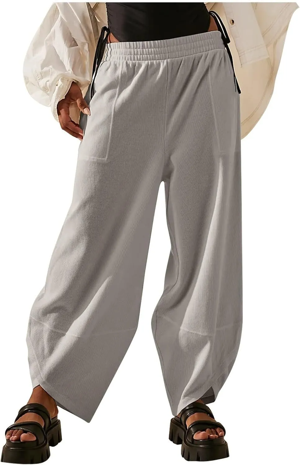 High Waisted Pants for Women Fashion Baggy Wide Leg Pant Stretch Elastic Wasited Casual Harem Pants with Pockets
