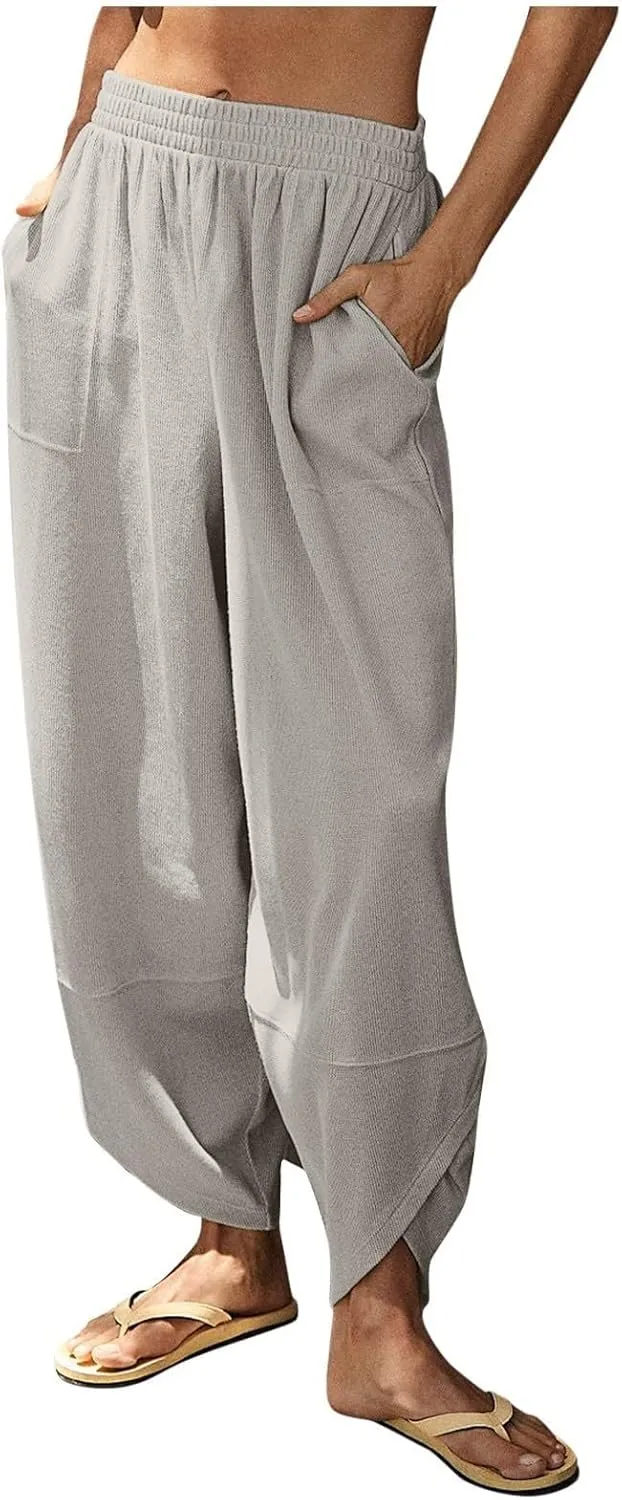 High Waisted Pants for Women Fashion Baggy Wide Leg Pant Stretch Elastic Wasited Casual Harem Pants with Pockets