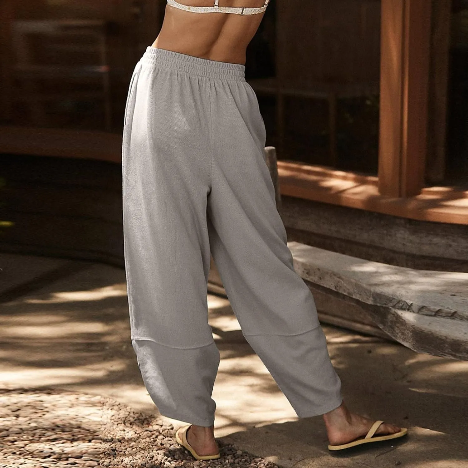 High Waisted Pants for Women Fashion Baggy Wide Leg Pant Stretch Elastic Wasited Casual Harem Pants with Pockets