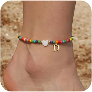 Honsny Ankle Bracelets for Women Initial Anklets Waterproof Boho Beaded Dainty Ankle Bracelets for Teen Letter Heart Handmade Adjustable Foot Chain Anklet Summer Vacation Colorful Jewelry Gift