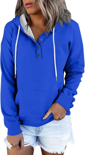Hoodies for Women Trendy 2024 Hooded Button Collar Drawstring Pullover Sweatshirts Casual Long Sleeve Clothes