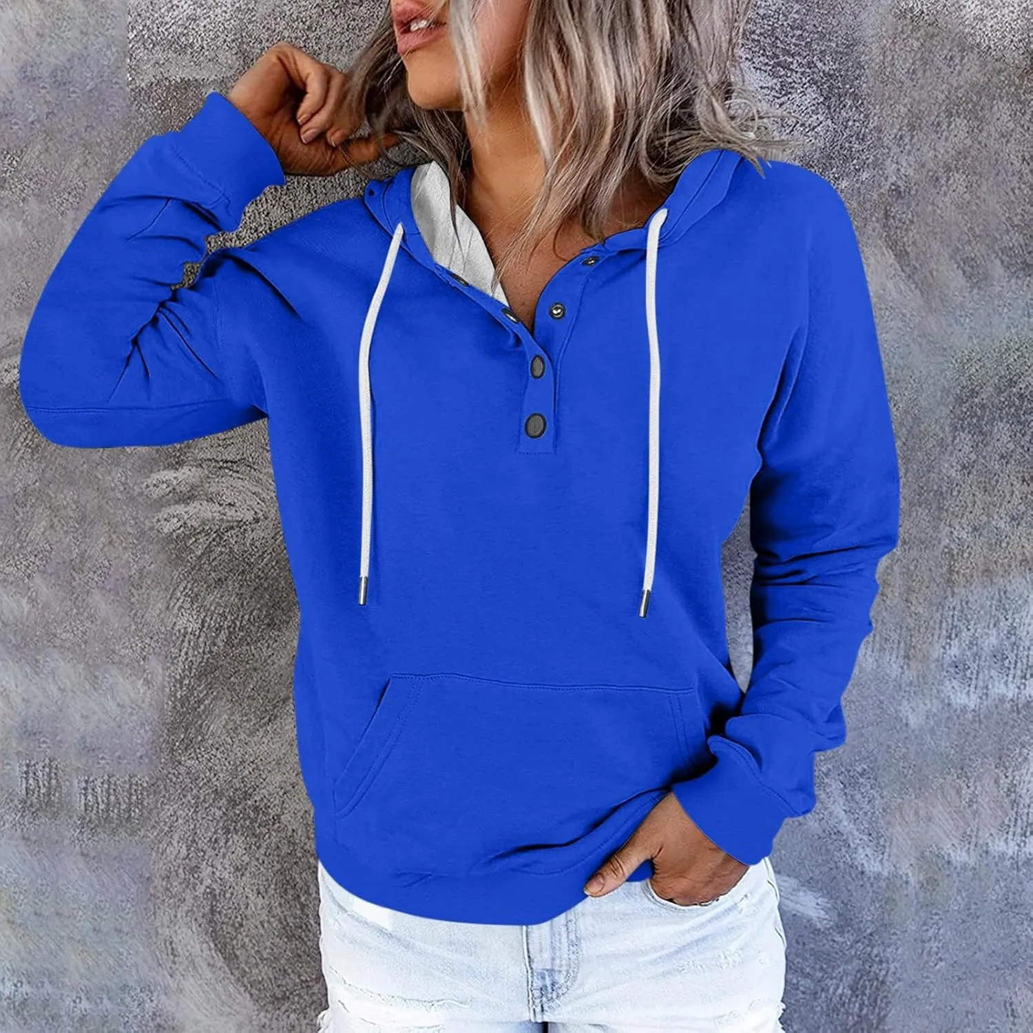 Hoodies for Women Trendy 2024 Hooded Button Collar Drawstring Pullover Sweatshirts Casual Long Sleeve Clothes