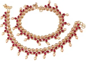 I Jewels Gold Plated Indian Wedding Bollywood Style Kundan & Pearl Anklet/Payal Barefoot Jewelry for Women (A036Q)