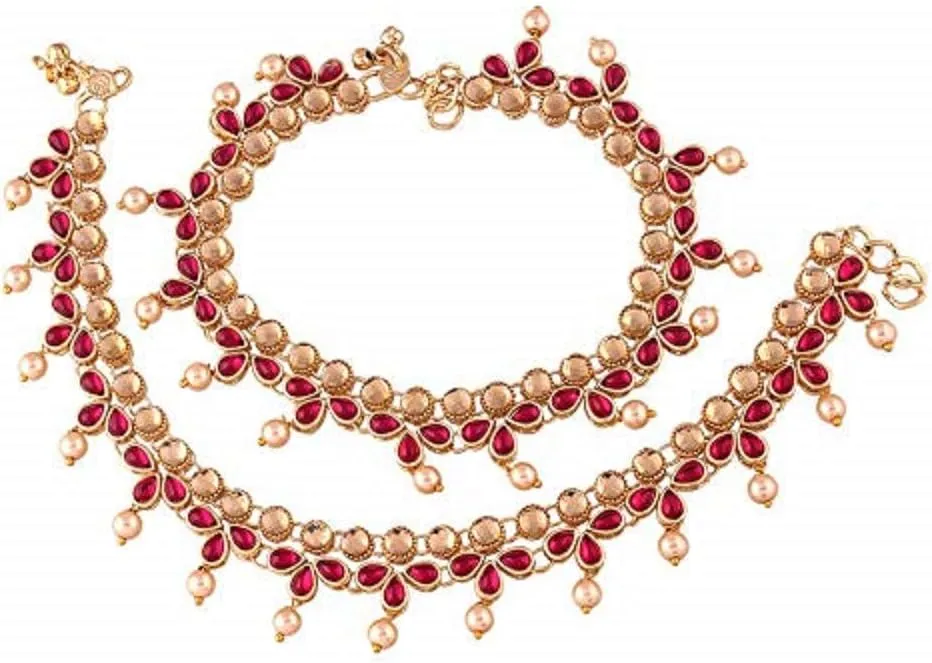 I Jewels Gold Plated Indian Wedding Bollywood Style Kundan & Pearl Anklet/Payal Barefoot Jewelry for Women (A036Q)