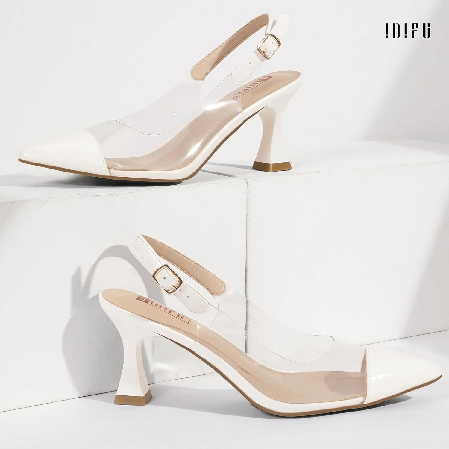 IDIFU IN3 Clear Kitten Heels Women's Pumps Closed Pointed Toe Slingback Low Short Heels Dress Shoes for Women Wedding Bridal Bridesmaid Prom Party Sexy Dressy Cute Trendy Pumps Shoes
