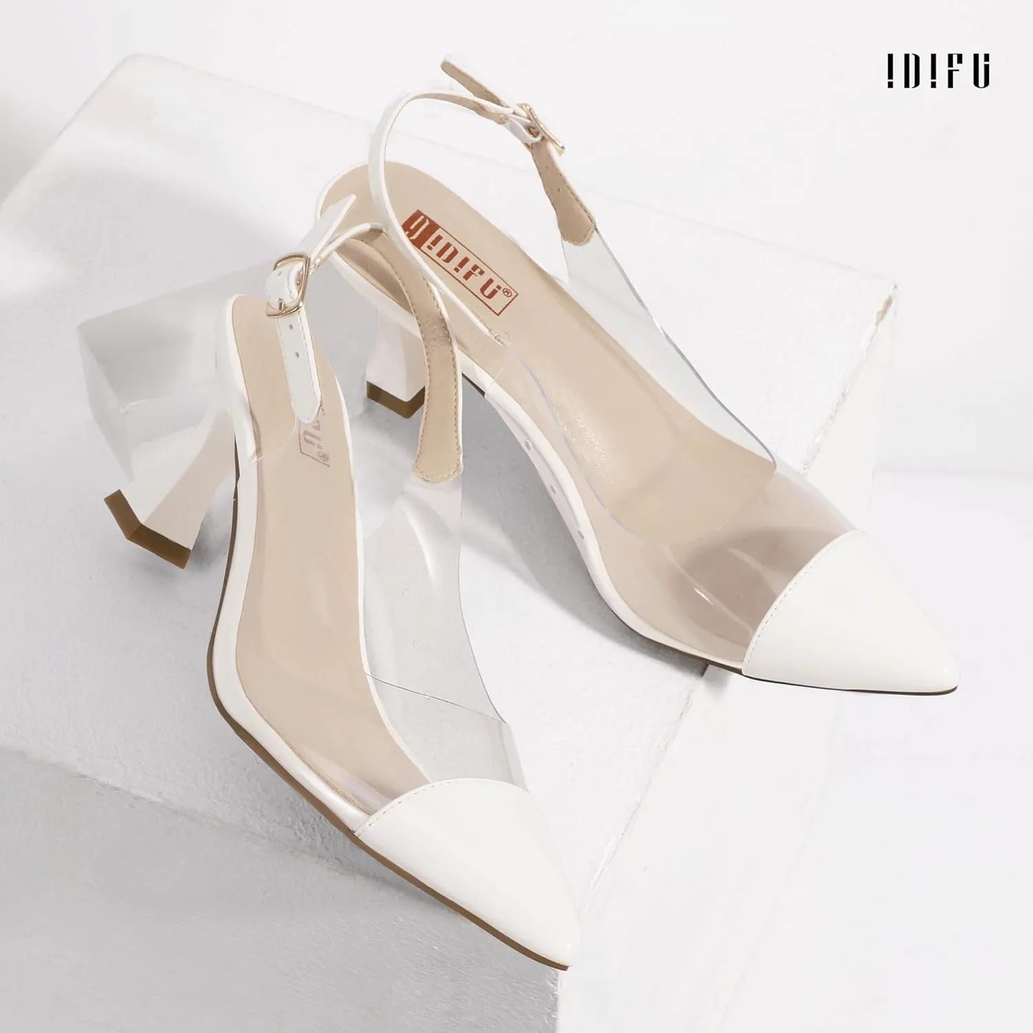 IDIFU IN3 Clear Kitten Heels Women's Pumps Closed Pointed Toe Slingback Low Short Heels Dress Shoes for Women Wedding Bridal Bridesmaid Prom Party Sexy Dressy Cute Trendy Pumps Shoes