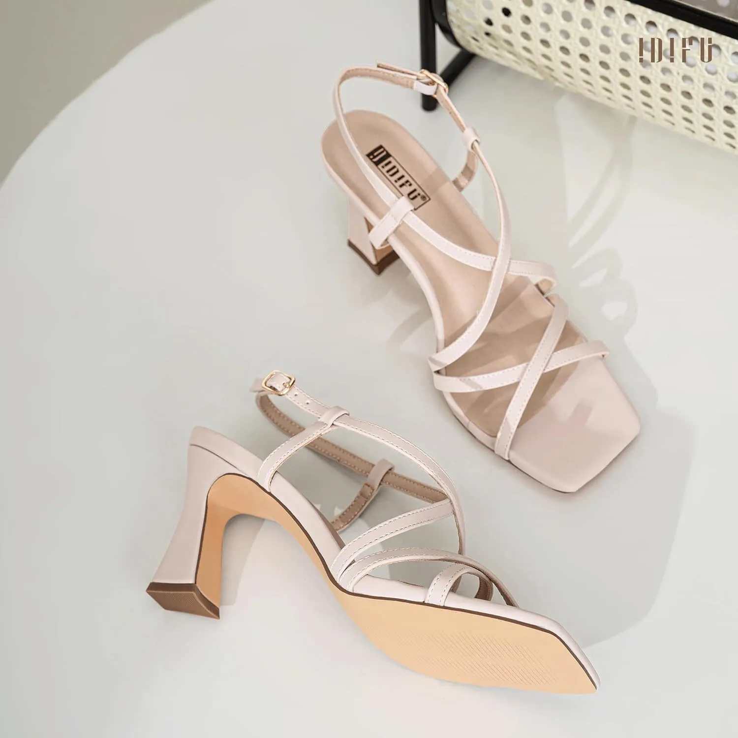 IDIFU IN3 Strappy Heels for Women Low Block Chunky Square Open Toe Kitten Heels Slingback Ankle Strap Dressy Wedding Bride Daily Party Comfortable Sexy Dress Shoes