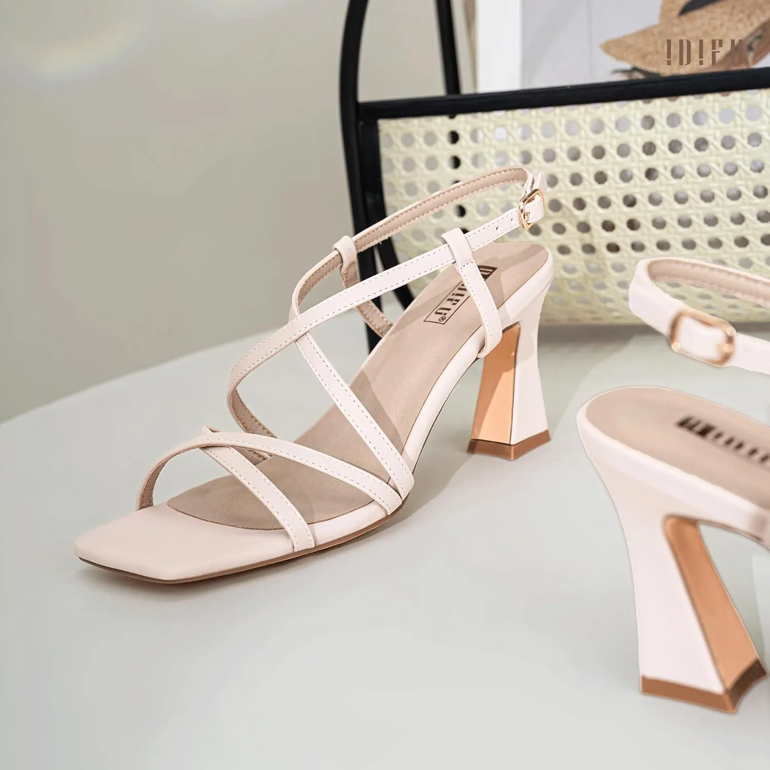 IDIFU IN3 Strappy Heels for Women Low Block Chunky Square Open Toe Kitten Heels Slingback Ankle Strap Dressy Wedding Bride Daily Party Comfortable Sexy Dress Shoes