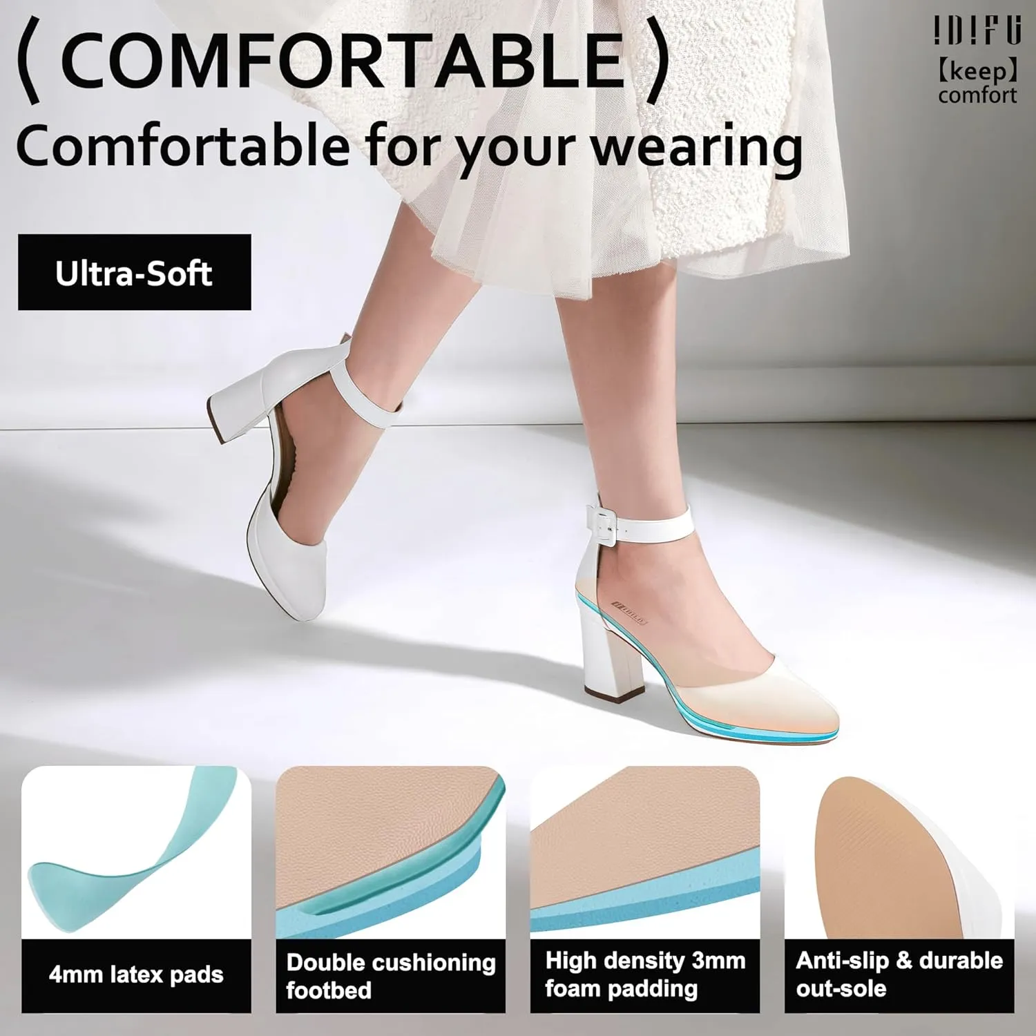 IDIFU IN3 Women's Chunky Block Heels Dress Shoes for Women - Dressy Wedding Bridal Prom Shoes - Pointed Toe Ankle Strap Comfortable Short Thick Heels