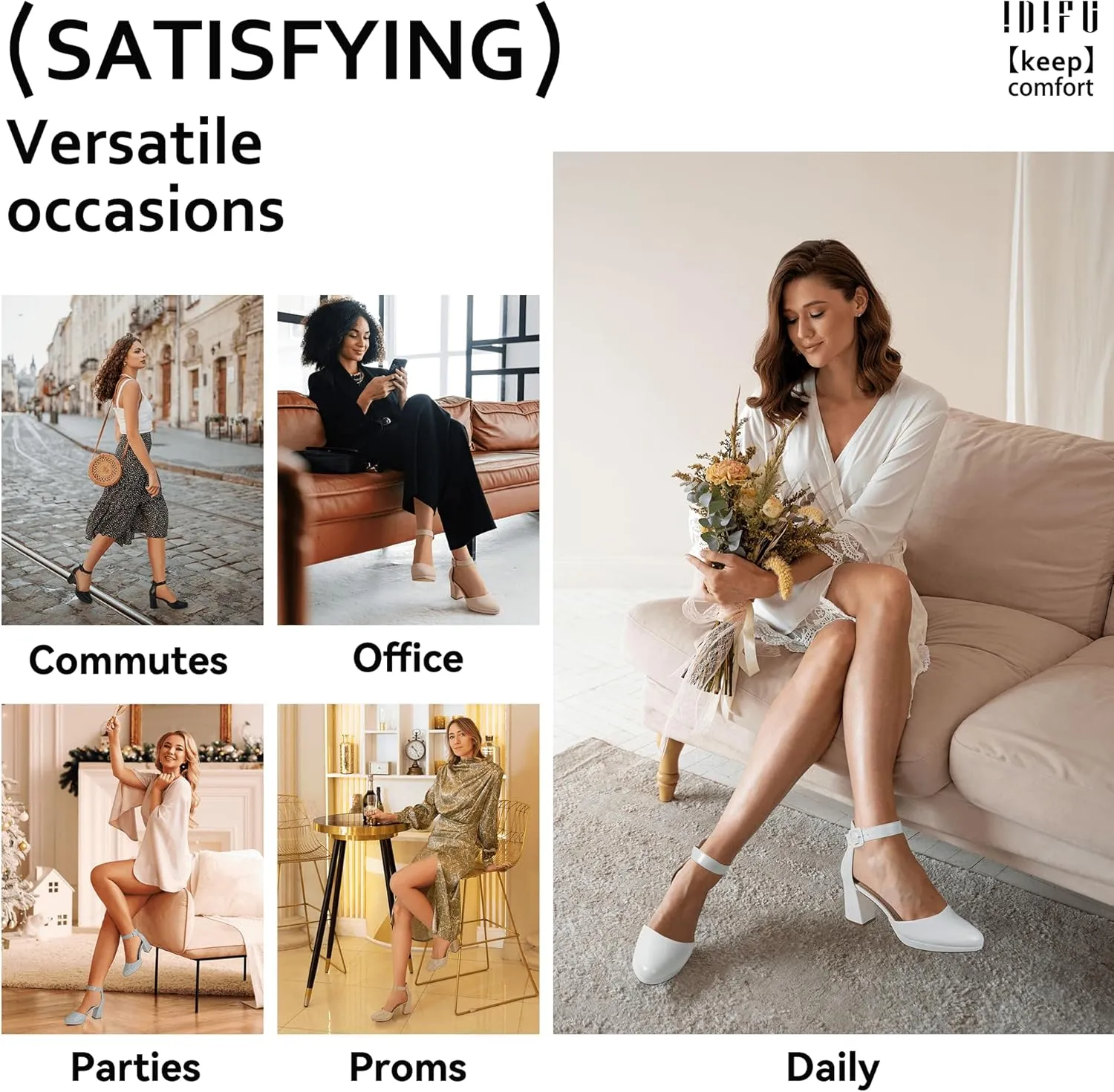 IDIFU IN3 Women's Chunky Block Heels Dress Shoes for Women - Dressy Wedding Bridal Prom Shoes - Pointed Toe Ankle Strap Comfortable Short Thick Heels