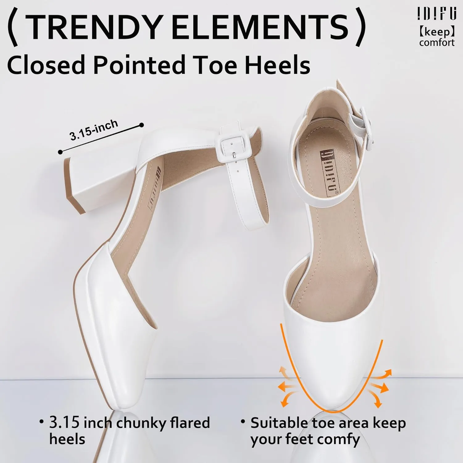 IDIFU IN3 Women's Chunky Block Heels Dress Shoes for Women - Dressy Wedding Bridal Prom Shoes - Pointed Toe Ankle Strap Comfortable Short Thick Heels