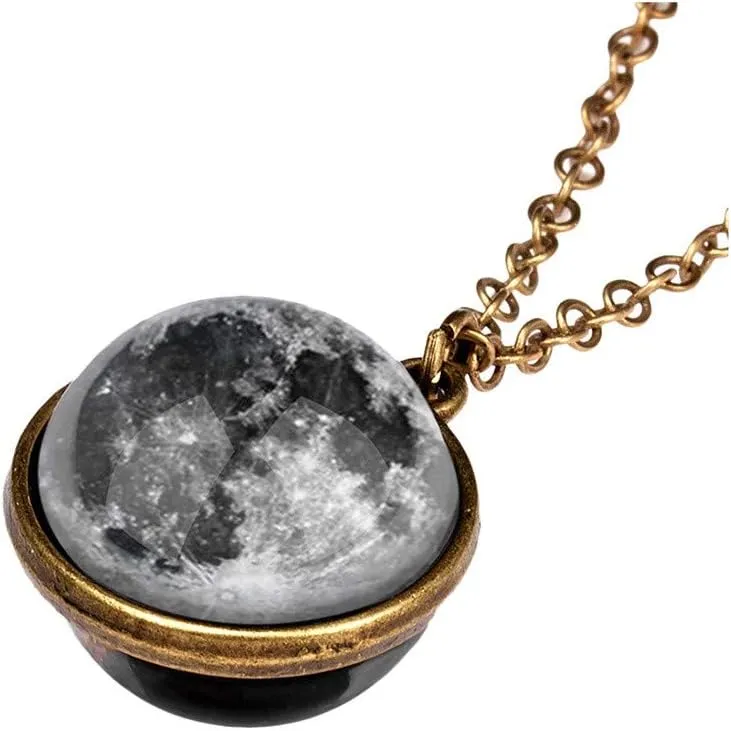 iLH Galaxy Planet Pendant Necklace Bohemian Rhinestone Geometric Type Gem Pendant Collar Double Side Glass Crystal Chain