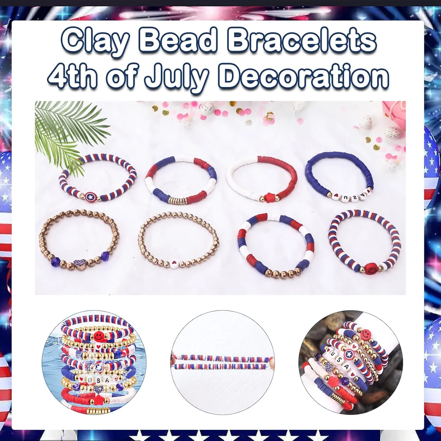Independence Day Gifts for Men Women Teens Red White Blue Clay Beaded Stackable Stretch Bracelets USA Patriotic Jewelry 4th of July Accessories