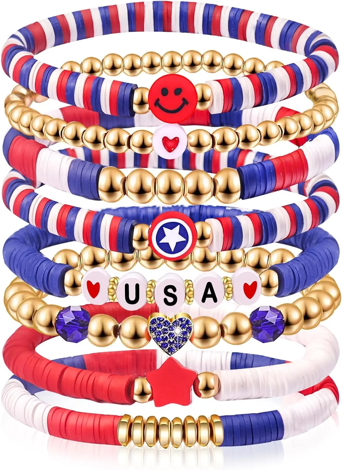 Independence Day Gifts for Men Women Teens Red White Blue Clay Beaded Stackable Stretch Bracelets USA Patriotic Jewelry 4th of July Accessories