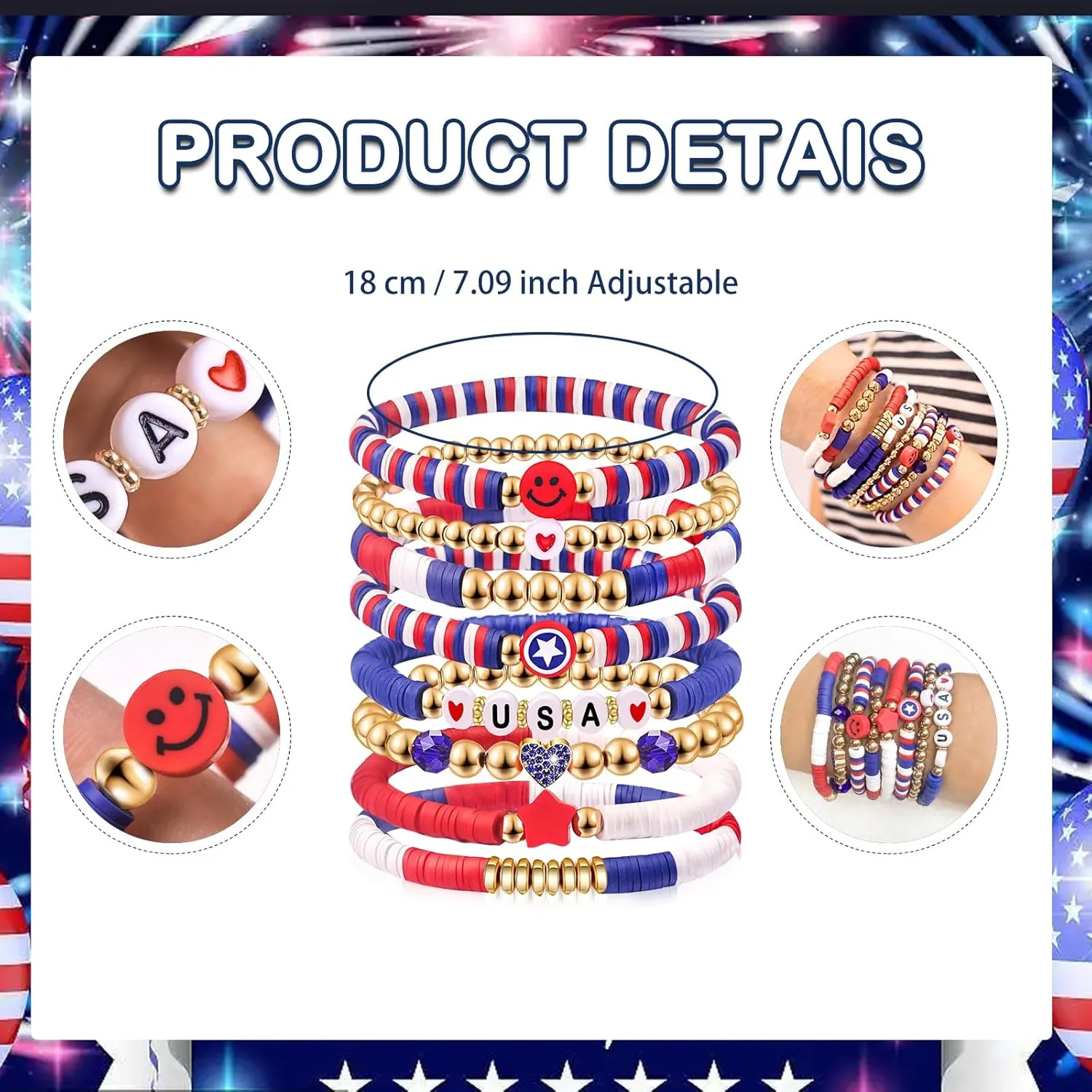 Independence Day Gifts for Men Women Teens Red White Blue Clay Beaded Stackable Stretch Bracelets USA Patriotic Jewelry 4th of July Accessories