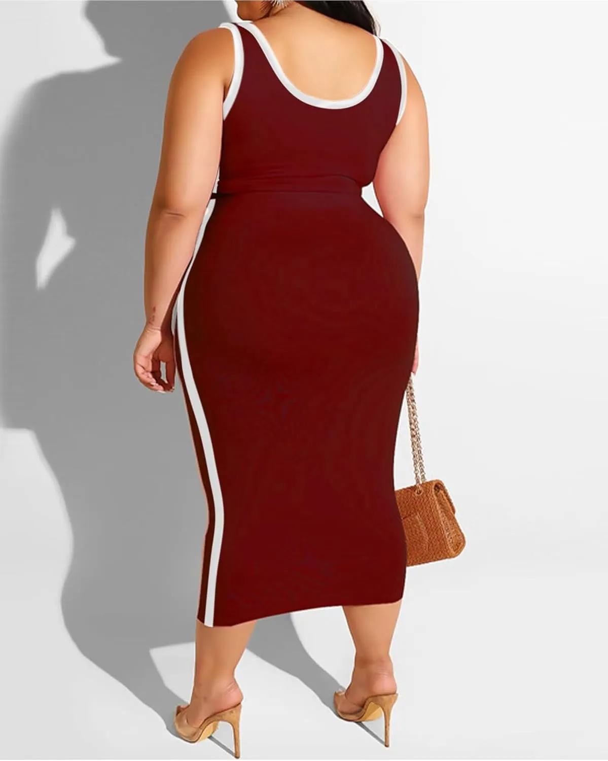 IyMoo Sexy Plus Size Dress 2 Piece Outfits Sexy Contrast Sleeveless Tank Crop Tops Bodycon Skirts Sets