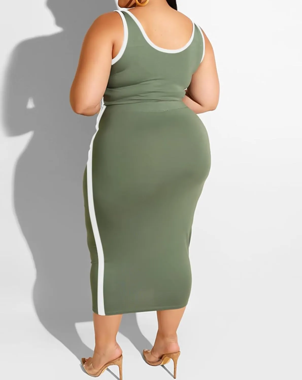 IyMoo Sexy Plus Size Dress 2 Piece Outfits Sexy Contrast Sleeveless Tank Crop Tops Bodycon Skirts Sets