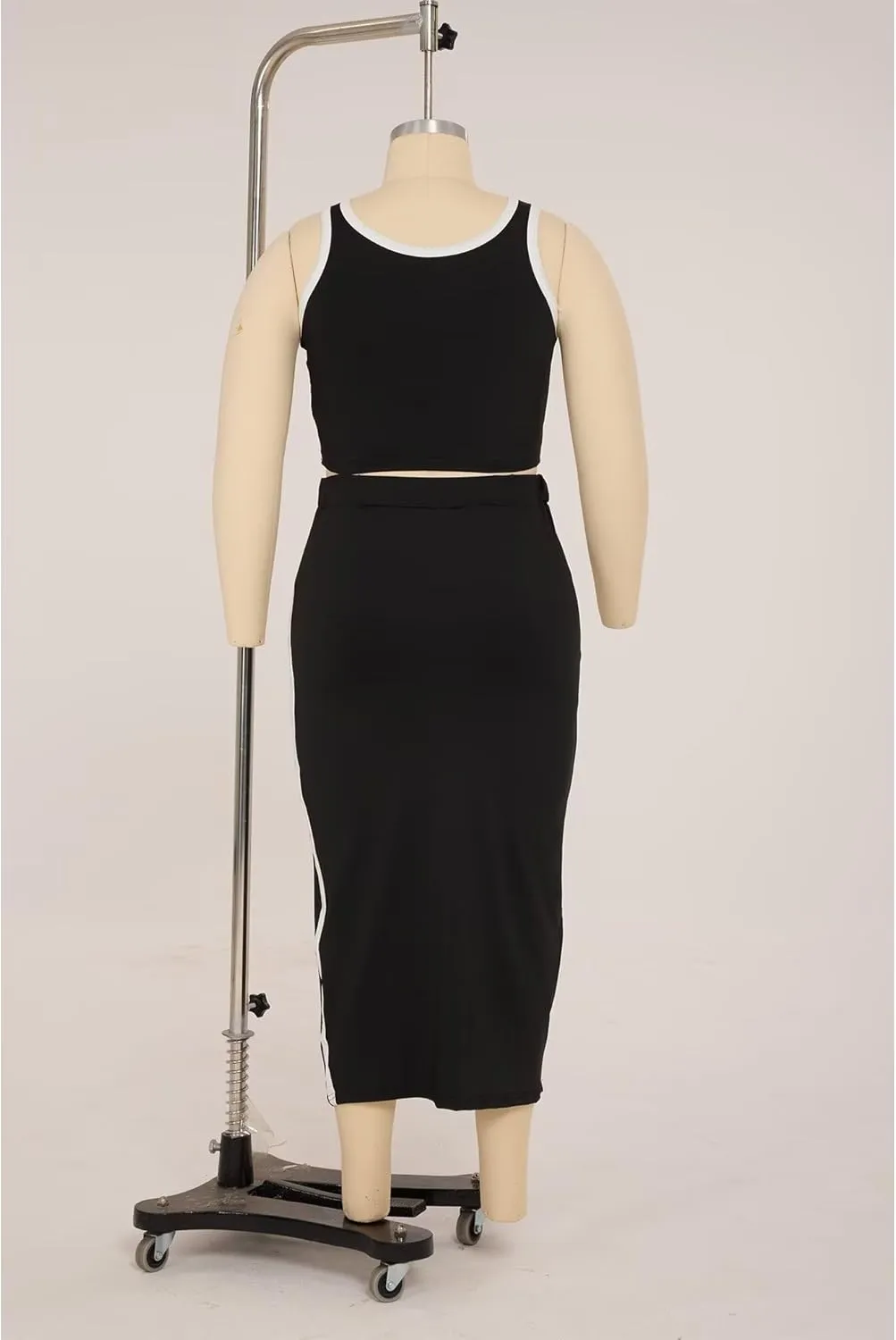 IyMoo Sexy Plus Size Dress 2 Piece Outfits Sexy Contrast Sleeveless Tank Crop Tops Bodycon Skirts Sets