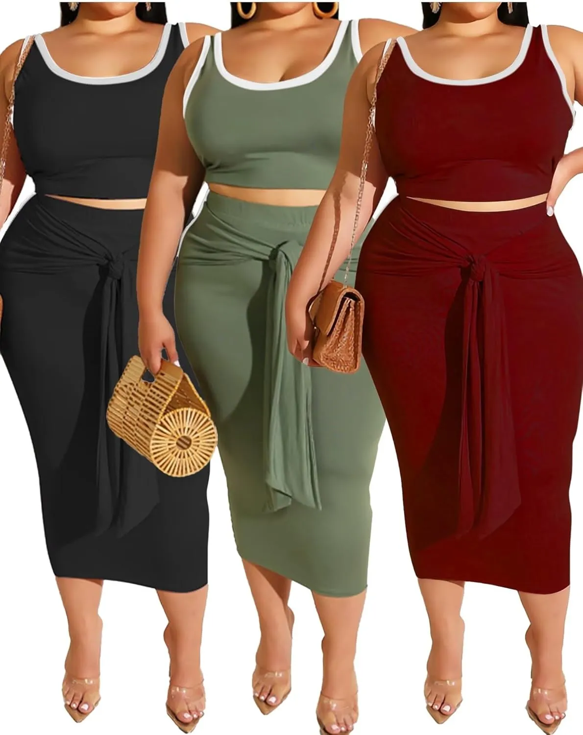 IyMoo Sexy Plus Size Dress 2 Piece Outfits Sexy Contrast Sleeveless Tank Crop Tops Bodycon Skirts Sets