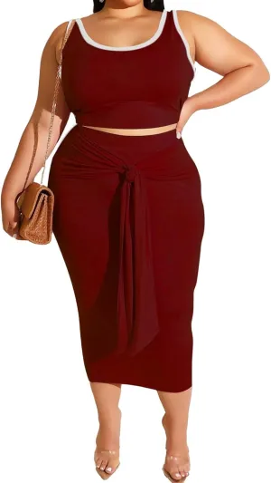 IyMoo Sexy Plus Size Dress 2 Piece Outfits Sexy Contrast Sleeveless Tank Crop Tops Bodycon Skirts Sets