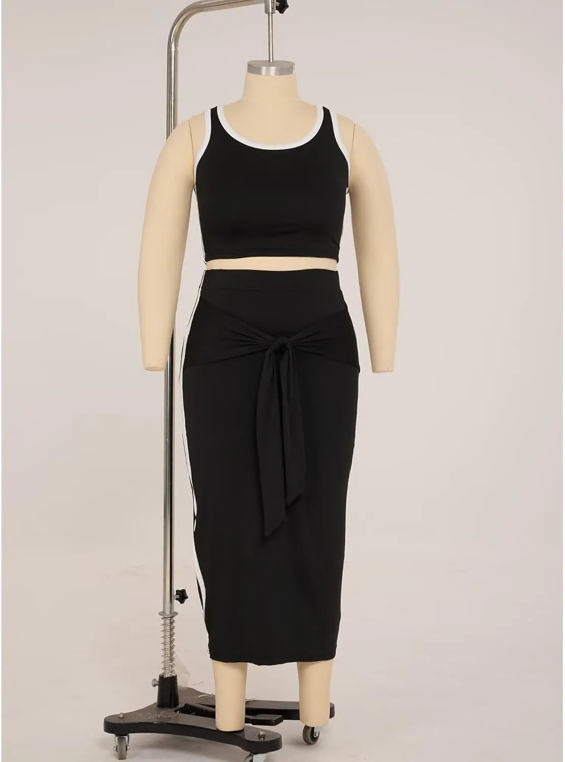 IyMoo Sexy Plus Size Dress 2 Piece Outfits Sexy Contrast Sleeveless Tank Crop Tops Bodycon Skirts Sets