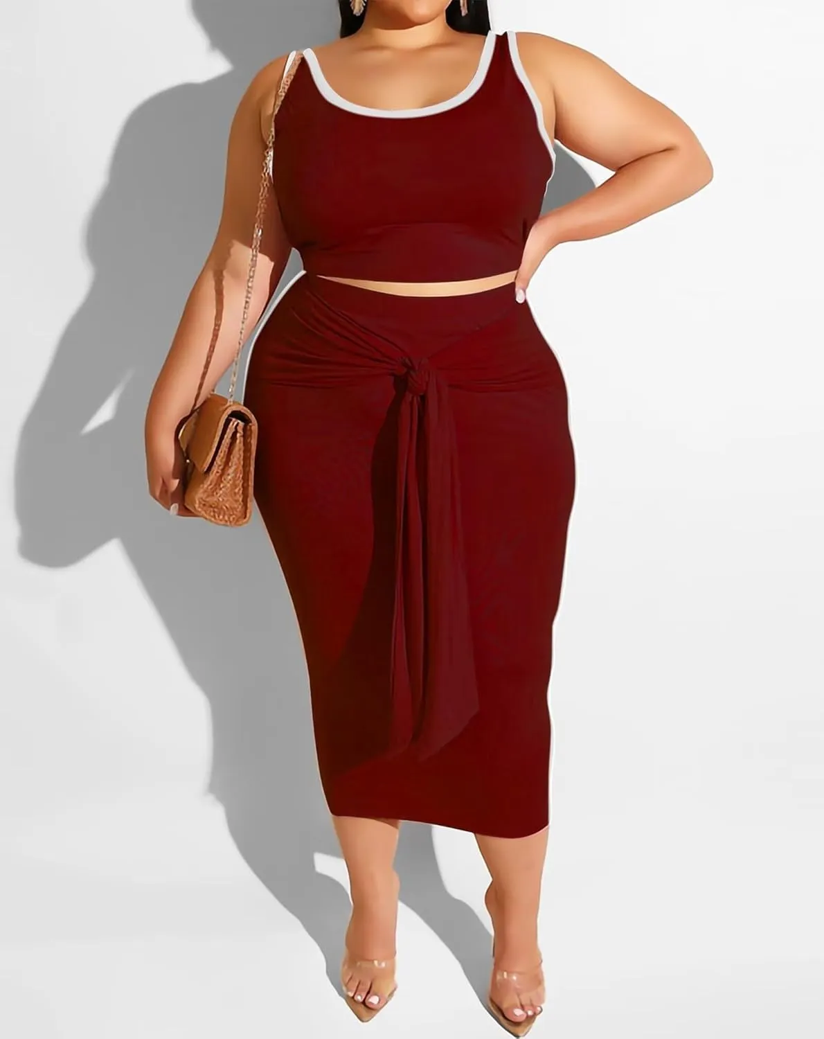 IyMoo Sexy Plus Size Dress 2 Piece Outfits Sexy Contrast Sleeveless Tank Crop Tops Bodycon Skirts Sets