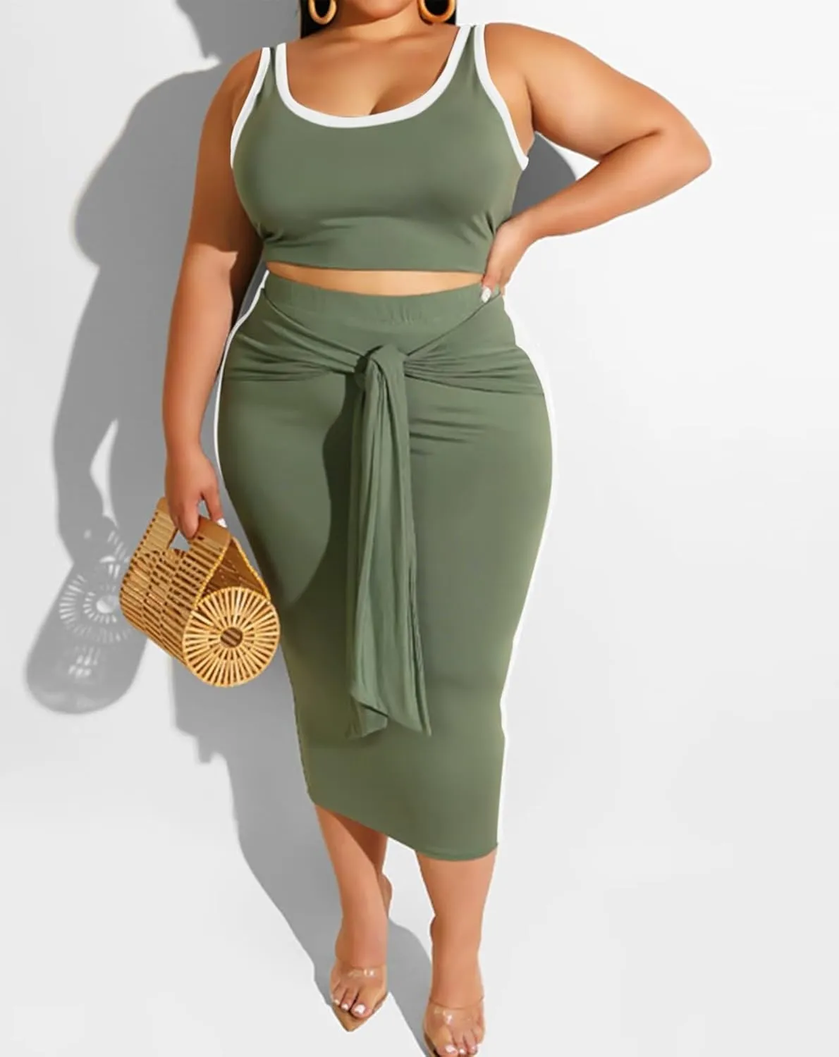 IyMoo Sexy Plus Size Dress 2 Piece Outfits Sexy Contrast Sleeveless Tank Crop Tops Bodycon Skirts Sets