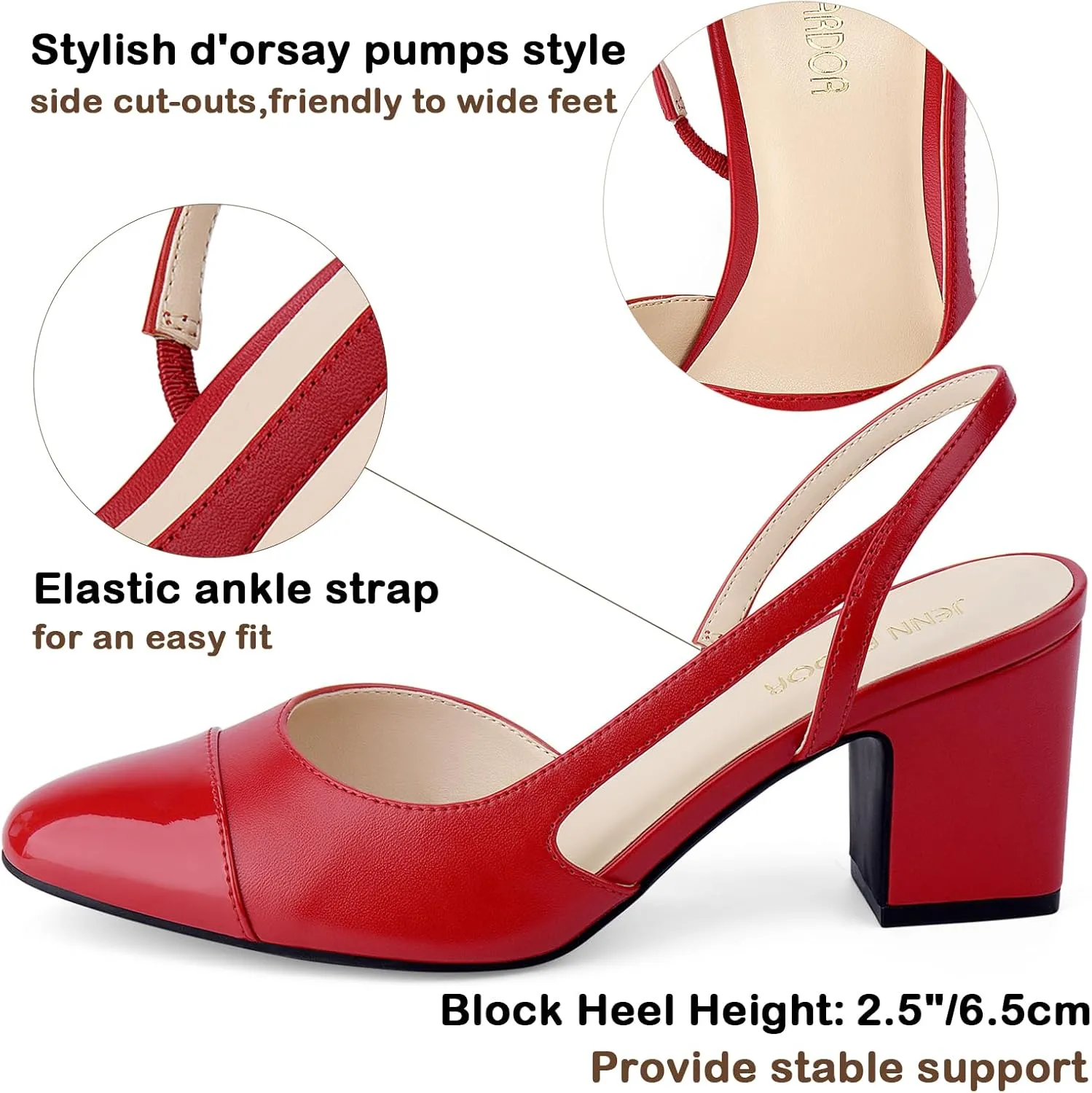 JENN ARDOR Closed Toe Chunky Heels Slingback Pumps Block Dress Shoes Women Comfort Classic Splicing Pointy Cap Toe Low Heels Sandals 2.5 inch for Wedding