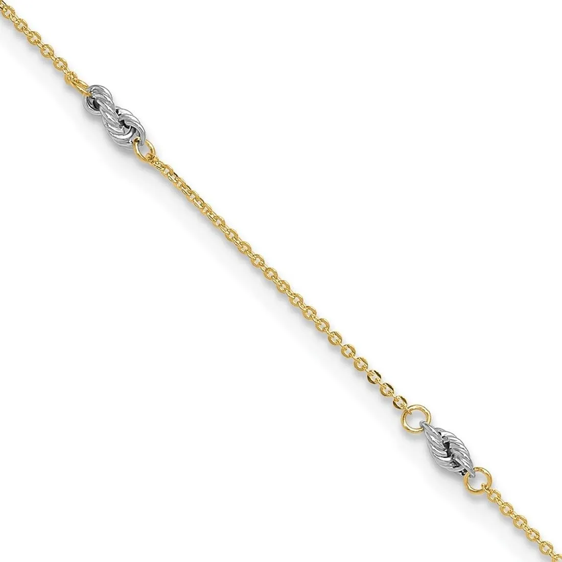 JewelryWeb 14k Two Tone Polished Spring-Ring Gold Cable Chain With Rope Chain W/ 1in Ext Anklet 9 Inch-Anklet for Women and Men