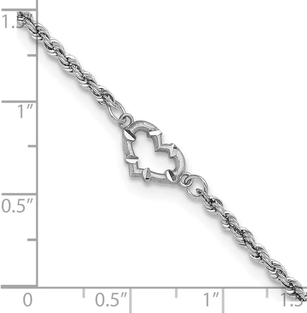 JewelryWeb 14k White Gold Satin Polished Rope with Love Heart Anklet Lobster Claw 10mm Wide-Anklet for Women