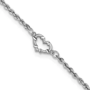 JewelryWeb 14k White Gold Satin Polished Rope with Love Heart Anklet Lobster Claw 10mm Wide-Anklet for Women