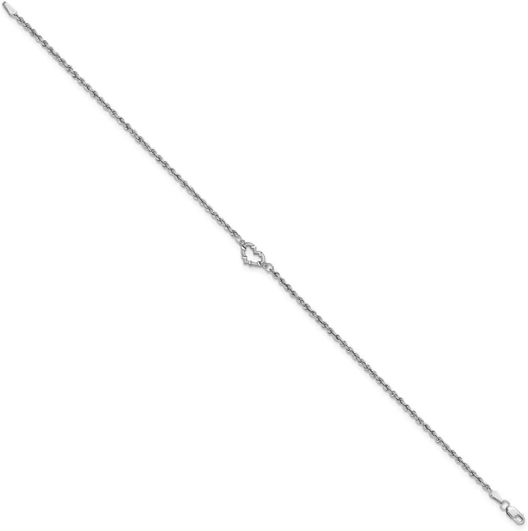 JewelryWeb 14k White Gold Satin Polished Rope with Love Heart Anklet Lobster Claw 10mm Wide-Anklet for Women