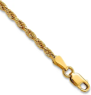 JewelryWeb 14k Yellow Gold Solid 2.25mm D Cut Rope Lobster Clasp Chain Anklet 9 Inch-Lobster Claw-Anklet for Women and Men