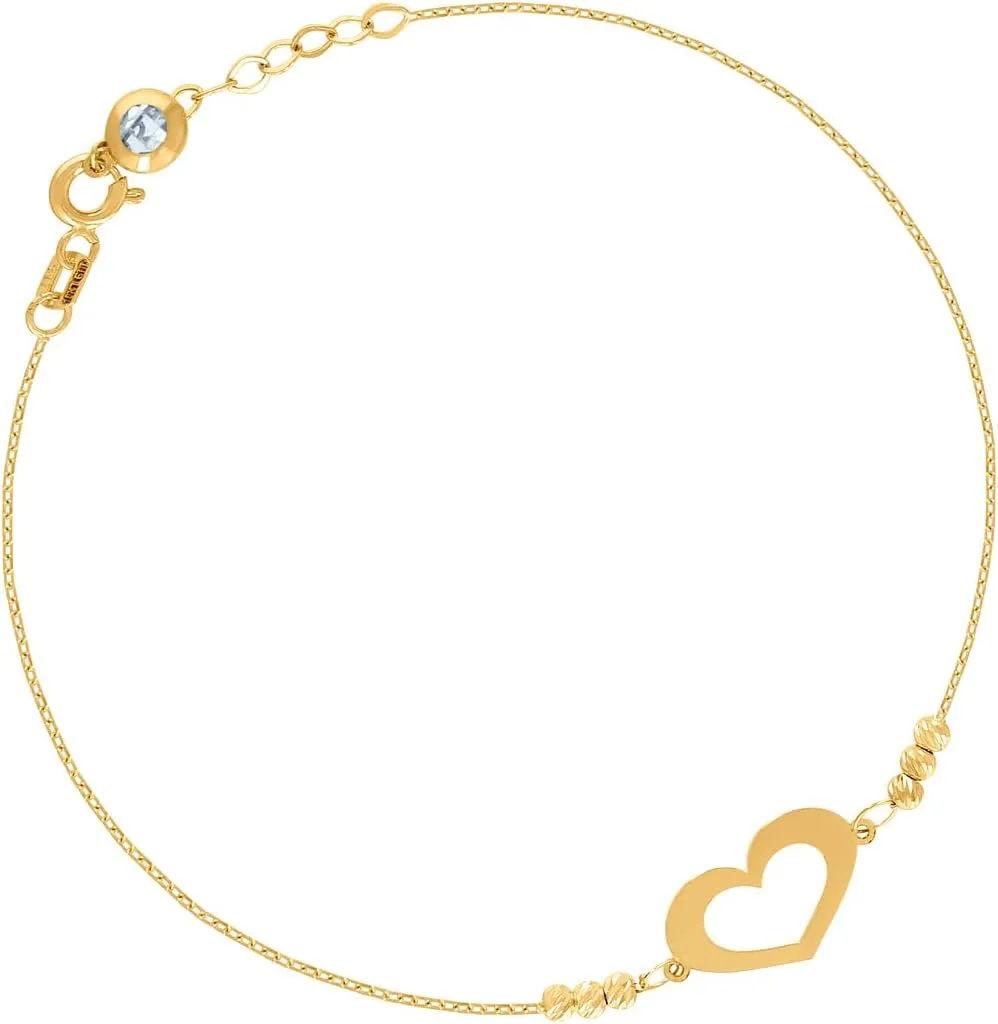 JewelryWeb 14k Yellow Gold Womens CZ Simulated Diamond Beaded Love Heart Charm Anklet Bracelet 8 Inch 9.1x10.6mm Wide-Anklet for Women
