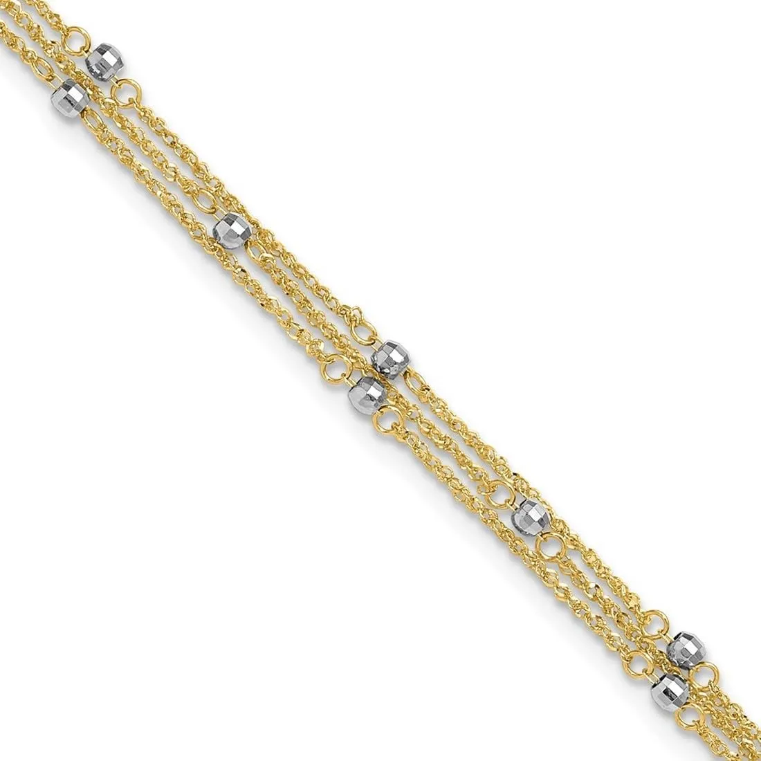 JewelryWeb 6mm 14k Solid Gold Two tone Triple Strand Plus 1in Extension Anklet-Anklet for Women