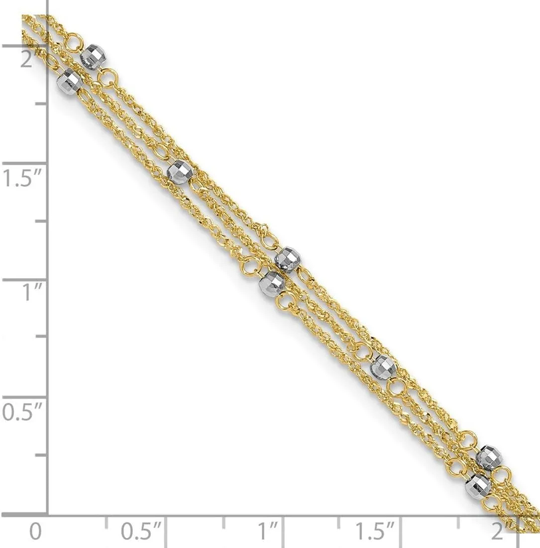 JewelryWeb 6mm 14k Solid Gold Two tone Triple Strand Plus 1in Extension Anklet-Anklet for Women