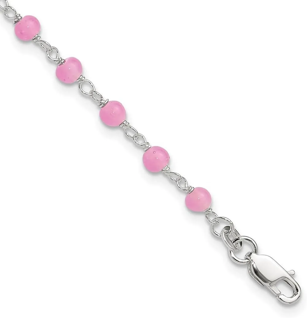 JewelryWeb 925 Sterling Silver Pink Bead with Love Heart Anklet 9 Inch Lobster Claw-Anklet for Women