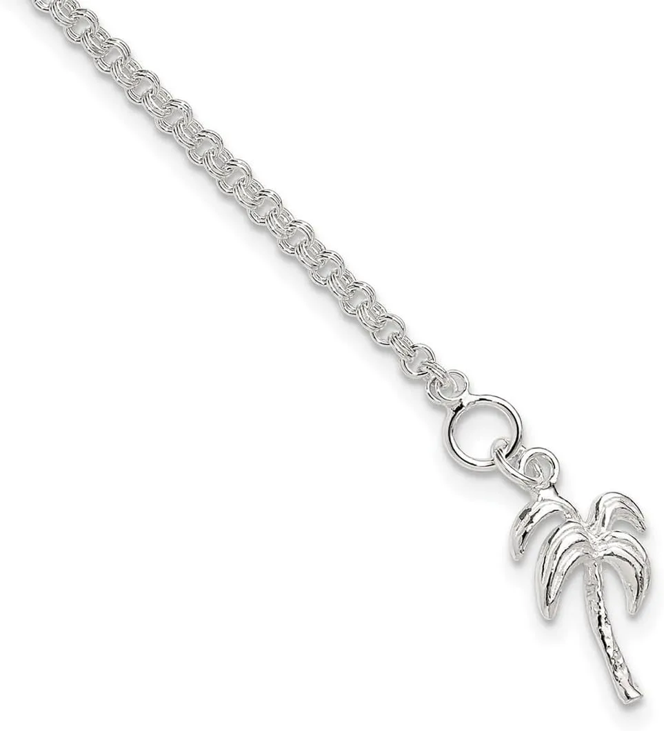 JewelryWeb 925 Sterling Silver Solid Polished Palm Tree Anklet Spring-Ring-Anklet for Women